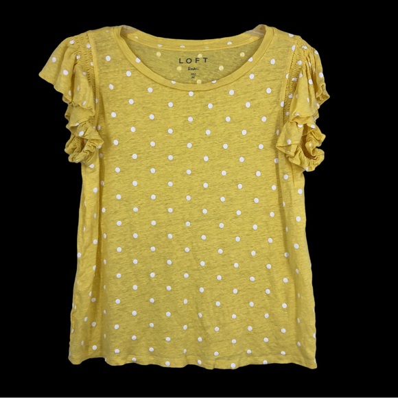 Loft Linen Little Yellow Top w/Ruffle Capped Sleeves and Swiss Dot Graphics SZ M - Picture 1 of 6